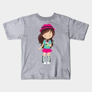 Rock Girl, Brown Hair, Band Singer, Microphone Kids T-Shirt